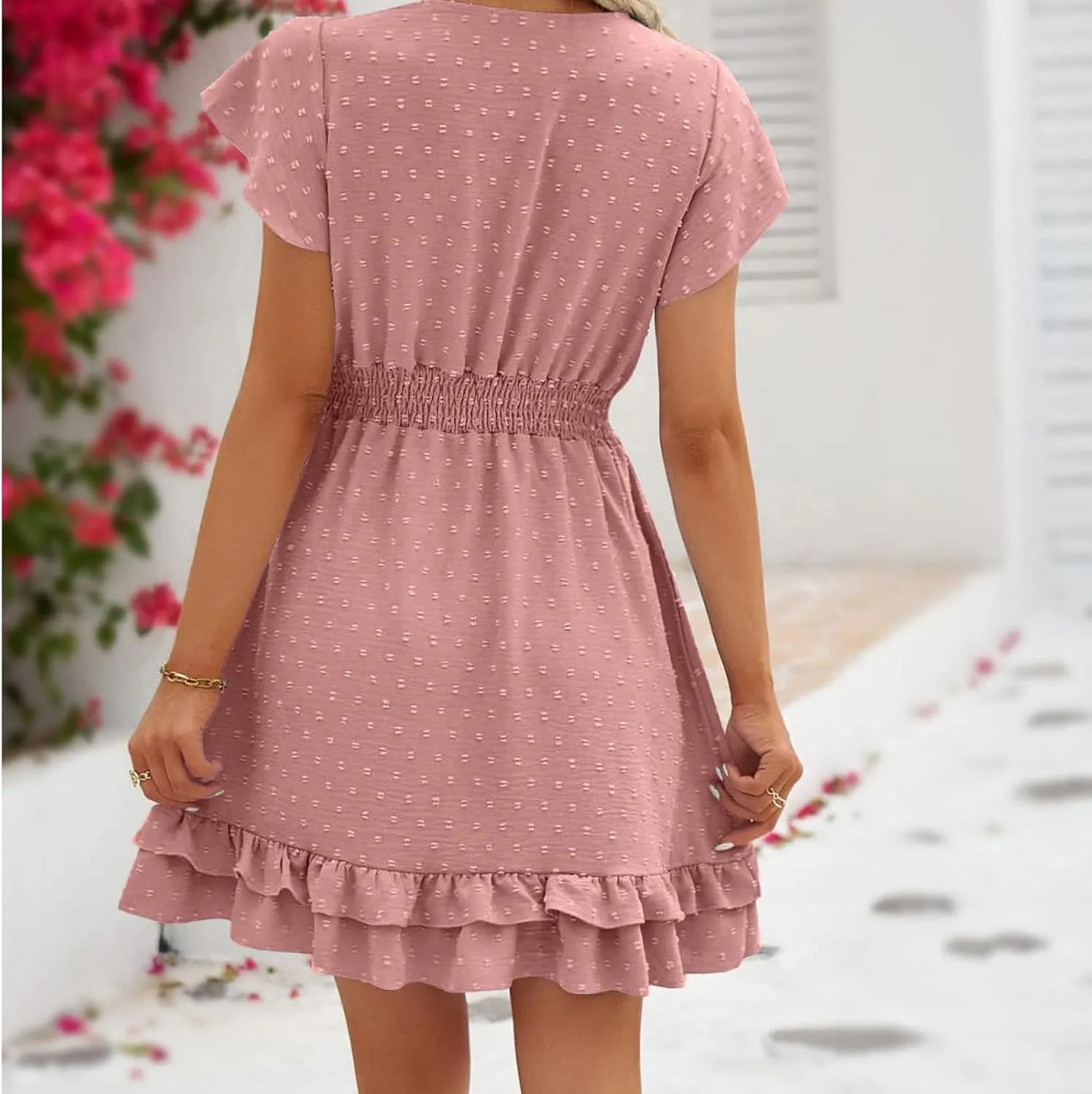 Womens Casual Summer Mini Dress V Neck Short Sleeve Swiss Dot Ruffle Dresses Flowy Swing Vacation Beach Sundress