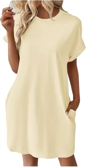 Womens Casual Summer Mini Tunic Dresses Short Sleeve Shift Dress Loose Crewneck Tshirt Sundress with Pockets