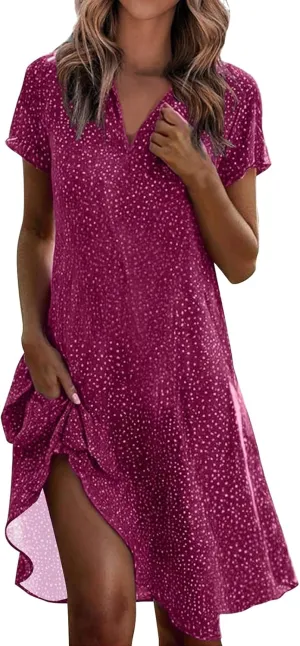 Womens Casual Summer Sundress Boho Short Sleeve V Neck Flowy A Line Midi Dress Polka Dot Loose Beach Vacation Dresses