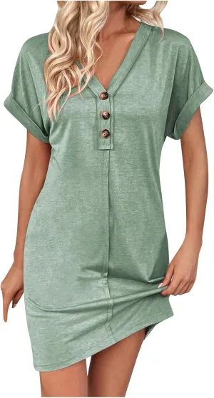 Women's Casual T Shirt Dress Button Up V Neck Tunic Dresses Summer Short Sleeve Mini Dresses Loose Sundresses