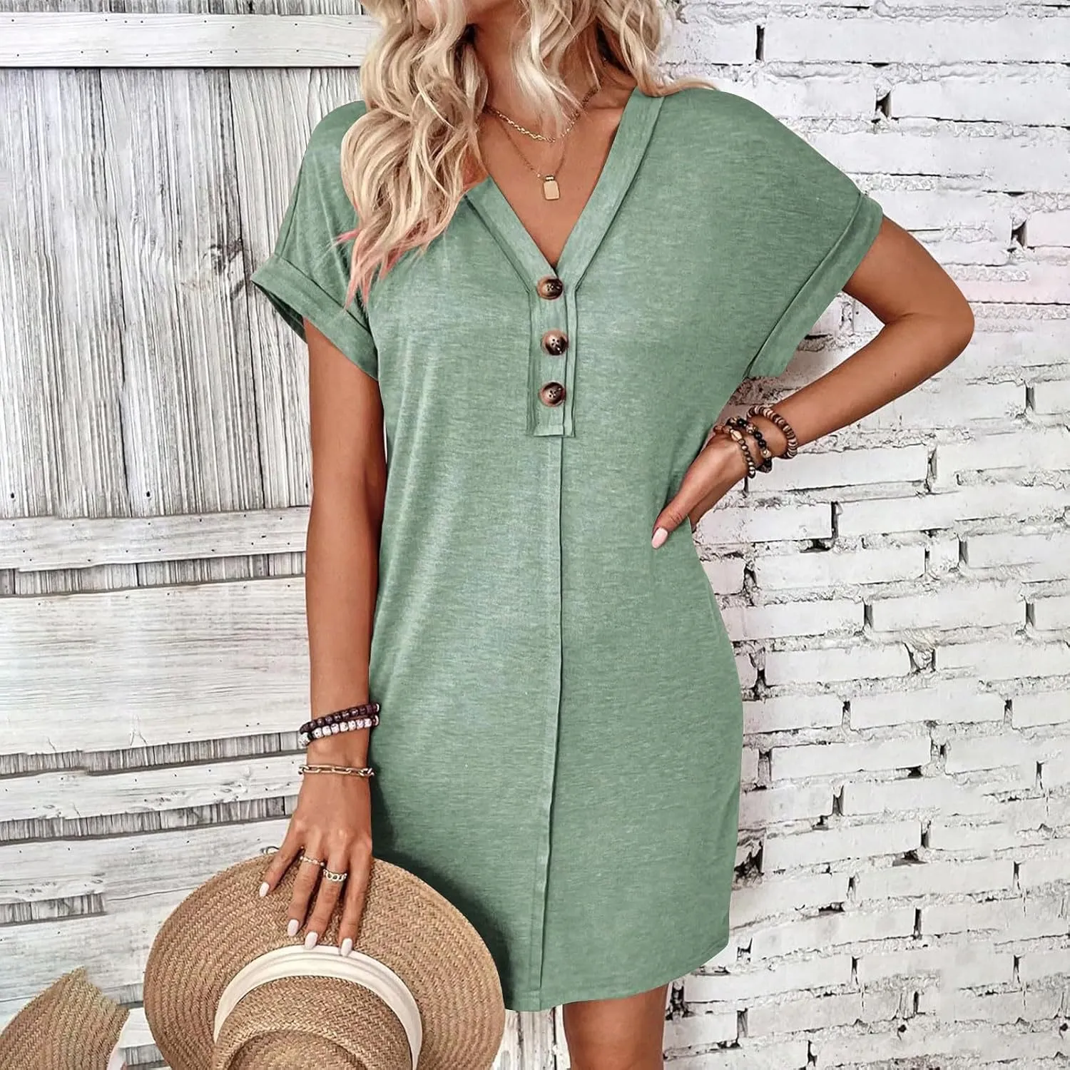 Women's Casual T Shirt Dress Button Up V Neck Tunic Dresses Summer Short Sleeve Mini Dresses Loose Sundresses