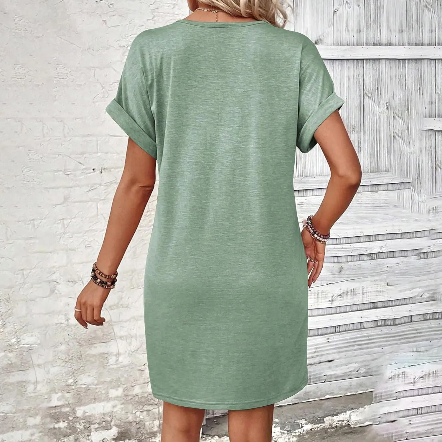 Women's Casual T Shirt Dress Button Up V Neck Tunic Dresses Summer Short Sleeve Mini Dresses Loose Sundresses