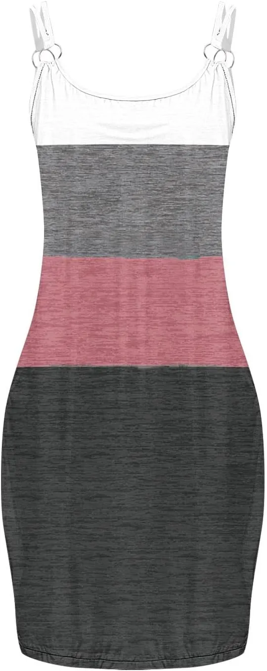 Womens Color Block Mini Dress Sexy Spaghetti Strap Beach Sundress with Pockets Summer Casual Sleeveless Tank Dresses