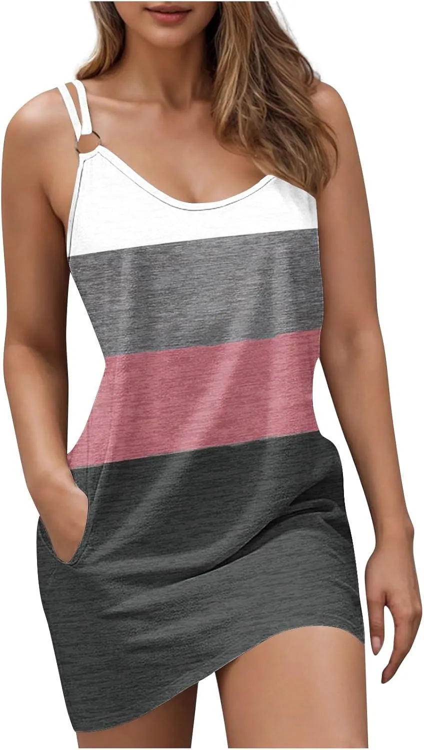 Womens Color Block Mini Dress Sexy Spaghetti Strap Beach Sundress with Pockets Summer Casual Sleeveless Tank Dresses