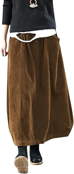 Womens Corduroy Skirts Vintage High Waist Button Long Pleated Skirts A-line Midi Skirt with Pockets Fall Winter