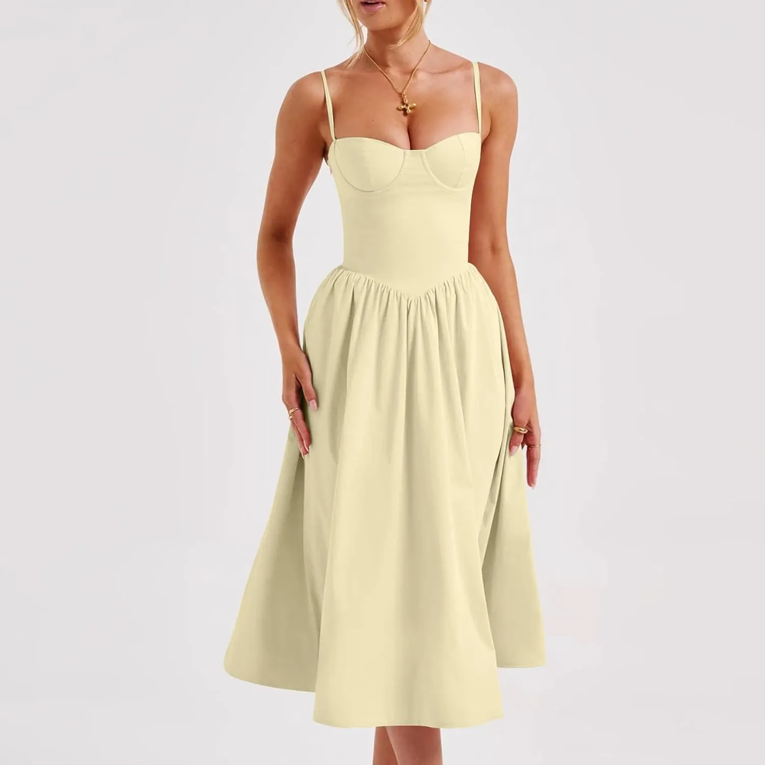 Womens Corset Dress Elegant Spaghetti Strap Bustier Midi Dress Low Cut Flowy Pleated Hem Formal Dresses with Pockets
