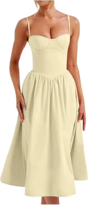 Womens Corset Dress Elegant Spaghetti Strap Bustier Midi Dress Low Cut Flowy Pleated Hem Formal Dresses with Pockets