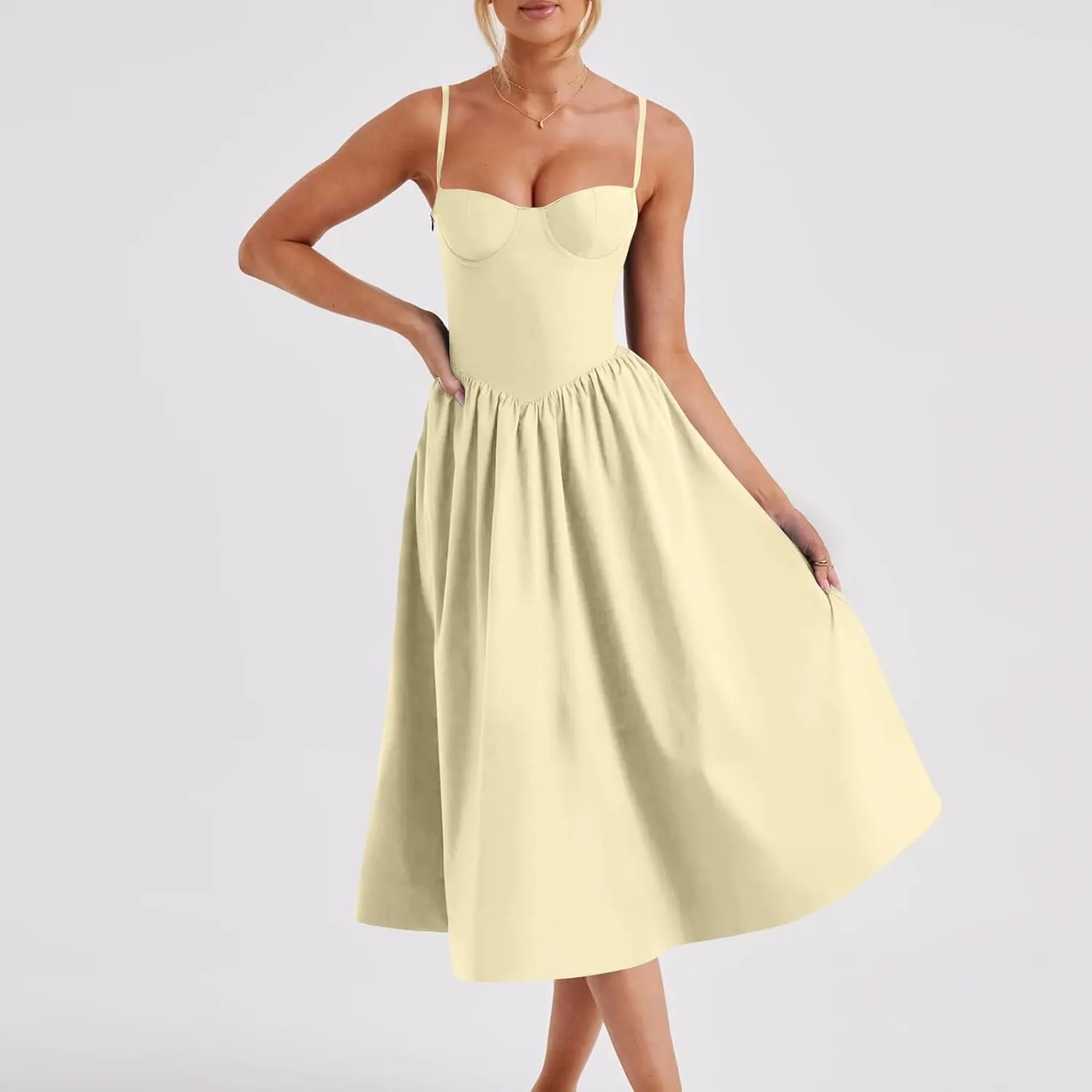 Womens Corset Dress Elegant Spaghetti Strap Bustier Midi Dress Low Cut Flowy Pleated Hem Formal Dresses with Pockets