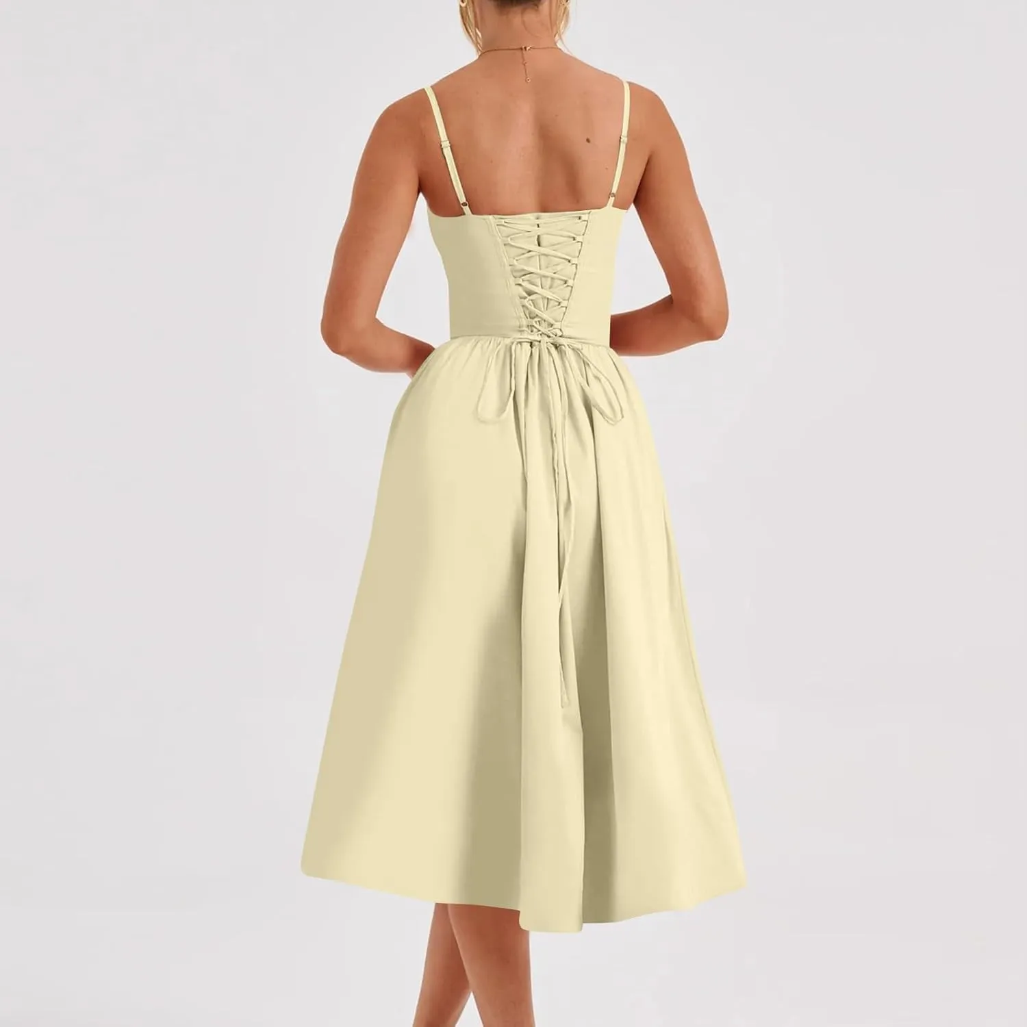 Womens Corset Dress Elegant Spaghetti Strap Bustier Midi Dress Low Cut Flowy Pleated Hem Formal Dresses with Pockets