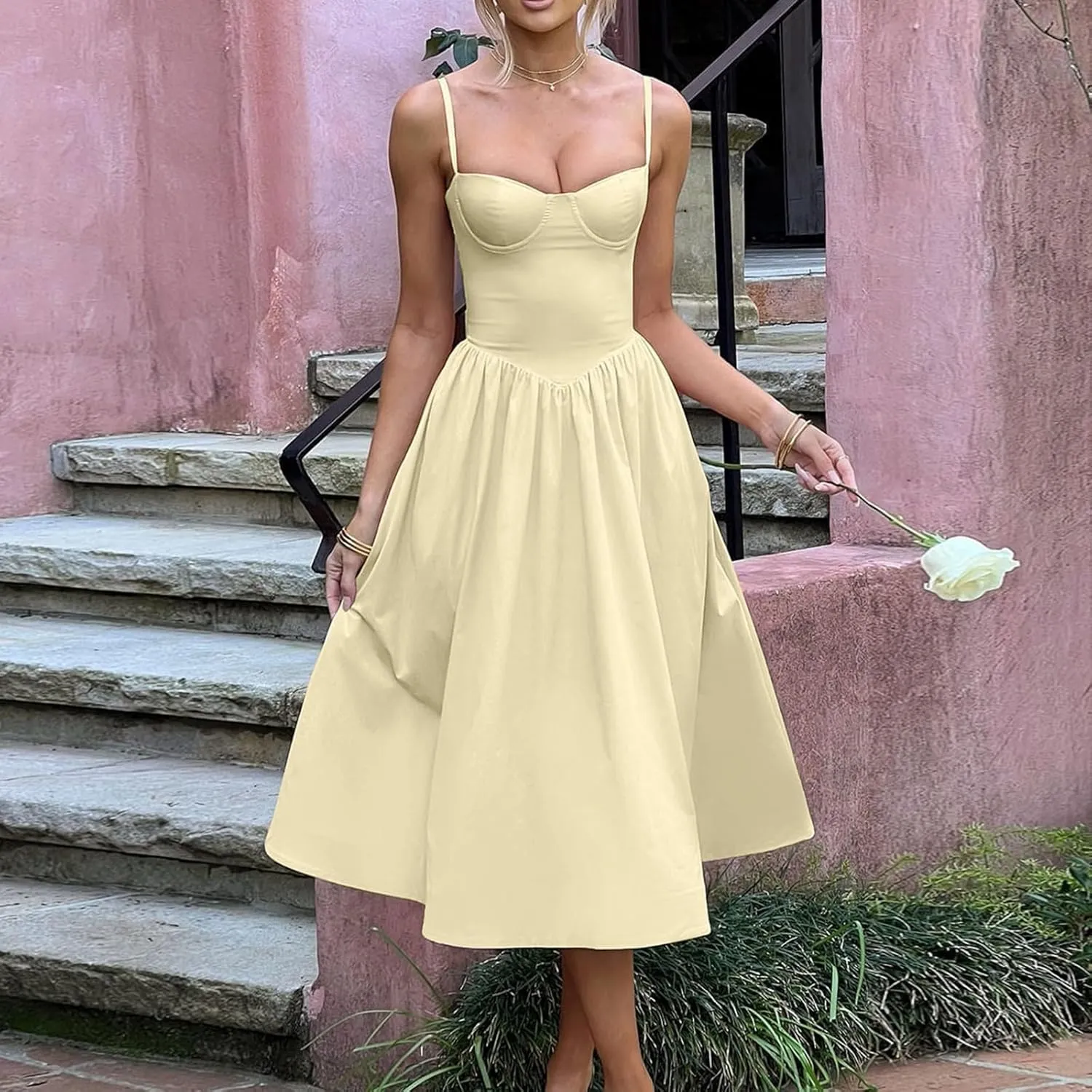 Womens Corset Dress Elegant Spaghetti Strap Bustier Midi Dress Low Cut Flowy Pleated Hem Formal Dresses with Pockets