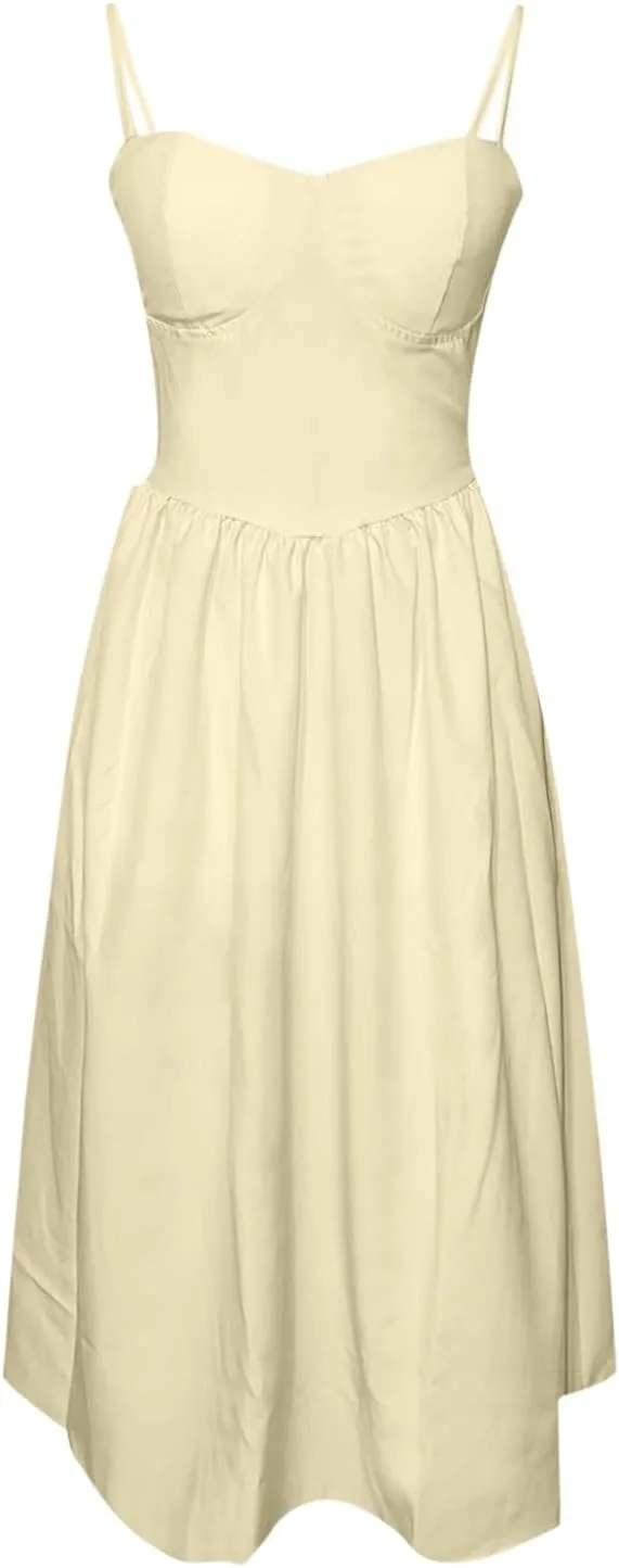 Womens Corset Dress Elegant Spaghetti Strap Bustier Midi Dress Low Cut Flowy Pleated Hem Formal Dresses with Pockets
