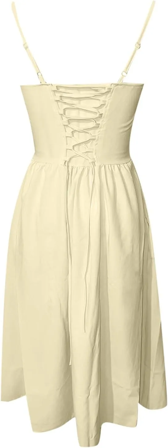 Womens Corset Dress Elegant Spaghetti Strap Bustier Midi Dress Low Cut Flowy Pleated Hem Formal Dresses with Pockets