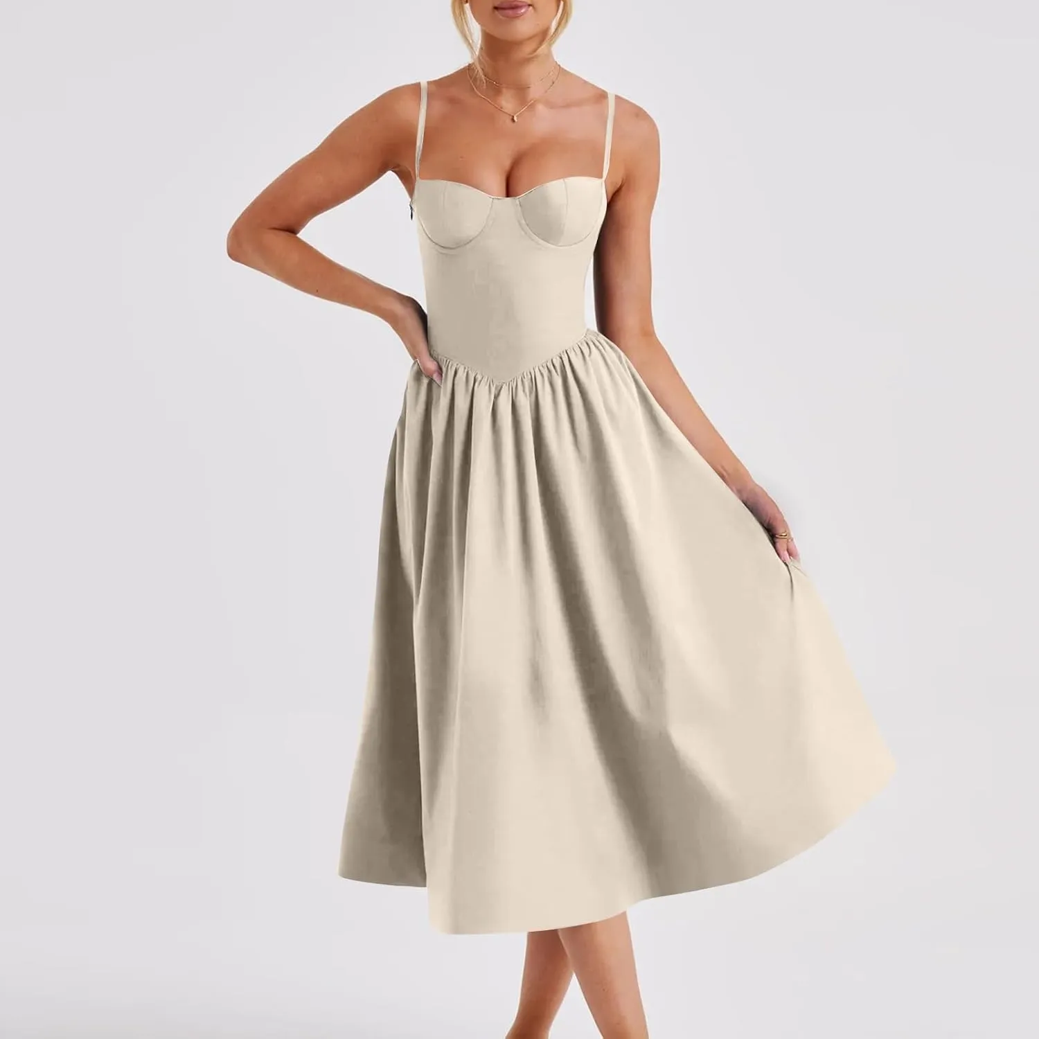 Womens Corset Dress Spaghetti Strap Bustier Midi Dress Sexy Partydress Flowy Pleated Hem Low Cut Prom Dresses