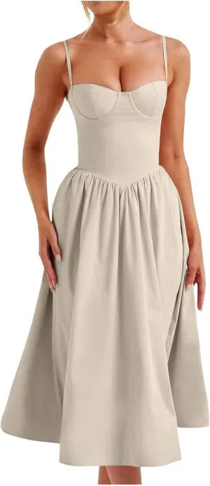 Womens Corset Dress Spaghetti Strap Bustier Midi Dress Sexy Partydress Flowy Pleated Hem Low Cut Prom Dresses