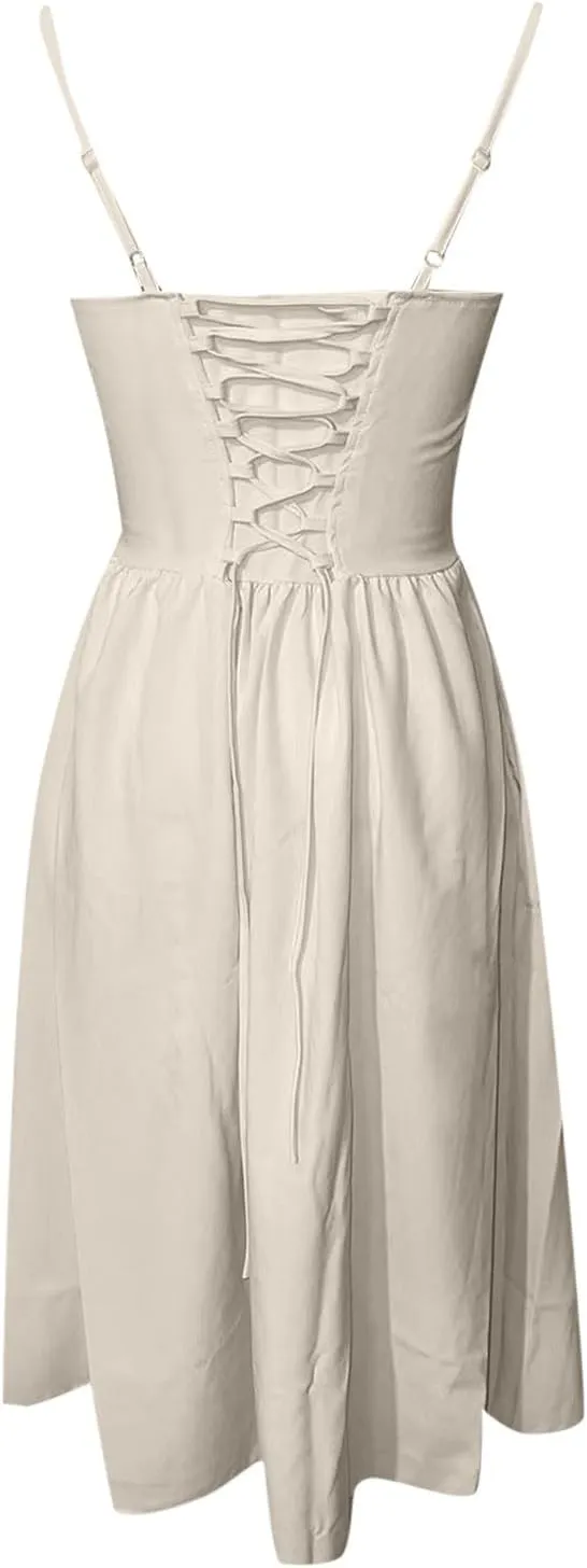 Womens Corset Dress Spaghetti Strap Bustier Midi Dress Sexy Partydress Flowy Pleated Hem Low Cut Prom Dresses