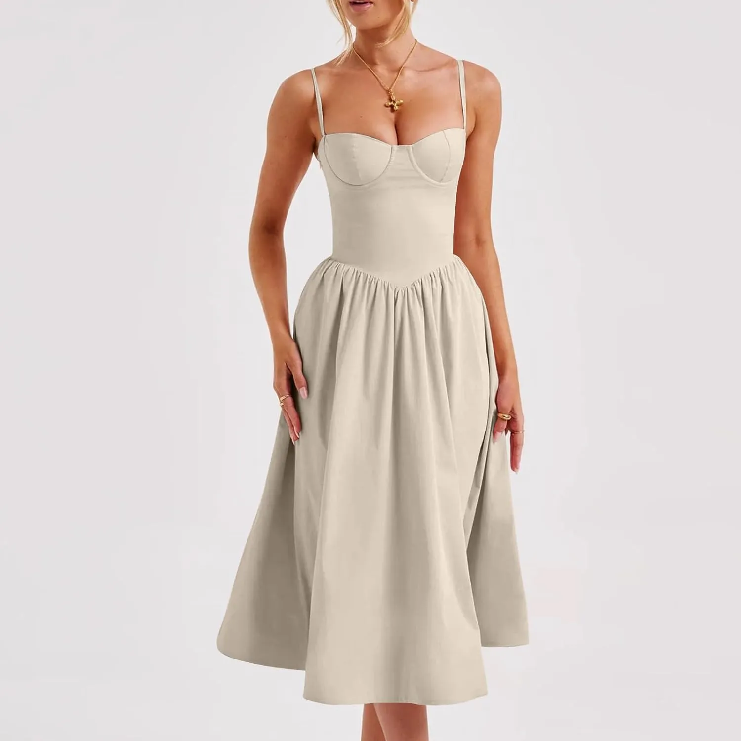 Womens Corset Dress Spaghetti Strap Bustier Midi Dress Sexy Partydress Flowy Pleated Hem Low Cut Prom Dresses