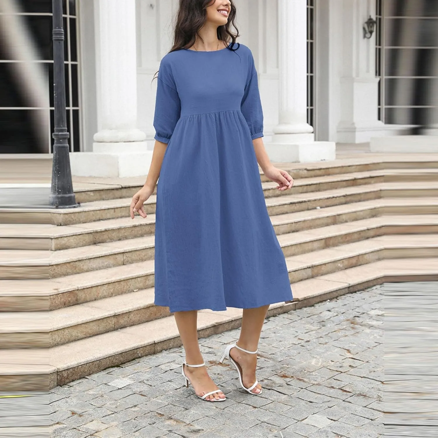 Women's Cotton Linen Midi Casual Dresses Loose Solid A-line Flowy Summer Beach Vacation Dress with Pockets