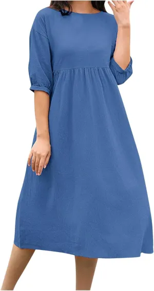 Women's Cotton Linen Midi Casual Dresses Loose Solid A-line Flowy Summer Beach Vacation Dress with Pockets