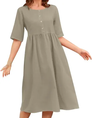 Womens Cotton Linen Midi Dress Short Sleeve Button Crewneck Dresses Summer Loose Pleated Dress Solid Travel Clothing