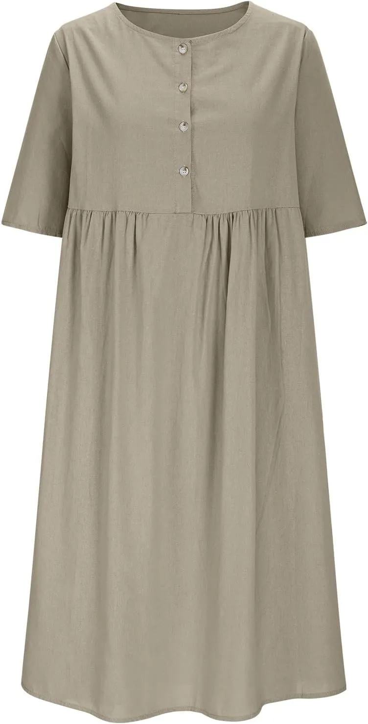 Womens Cotton Linen Midi Dress Short Sleeve Button Crewneck Dresses Summer Loose Pleated Dress Solid Travel Clothing