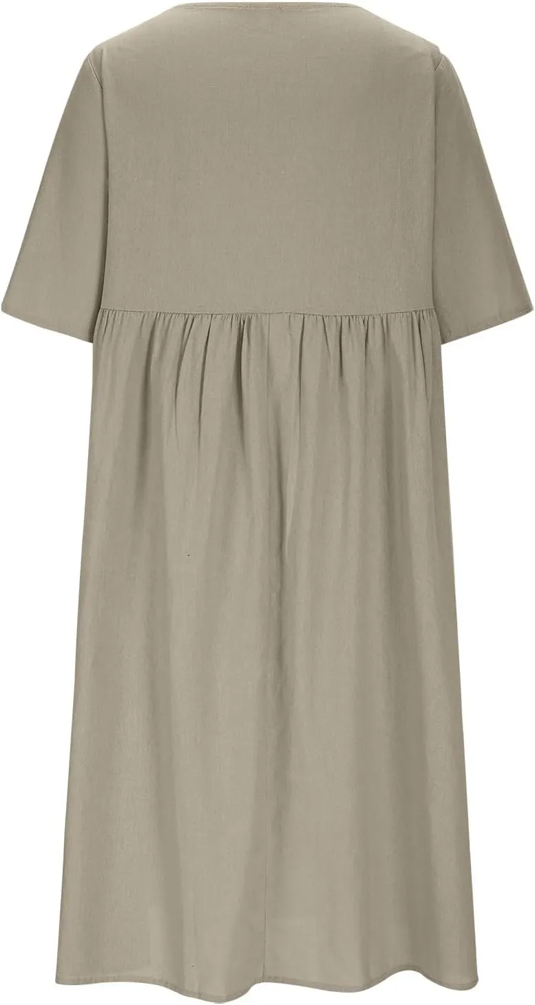 Womens Cotton Linen Midi Dress Short Sleeve Button Crewneck Dresses Summer Loose Pleated Dress Solid Travel Clothing