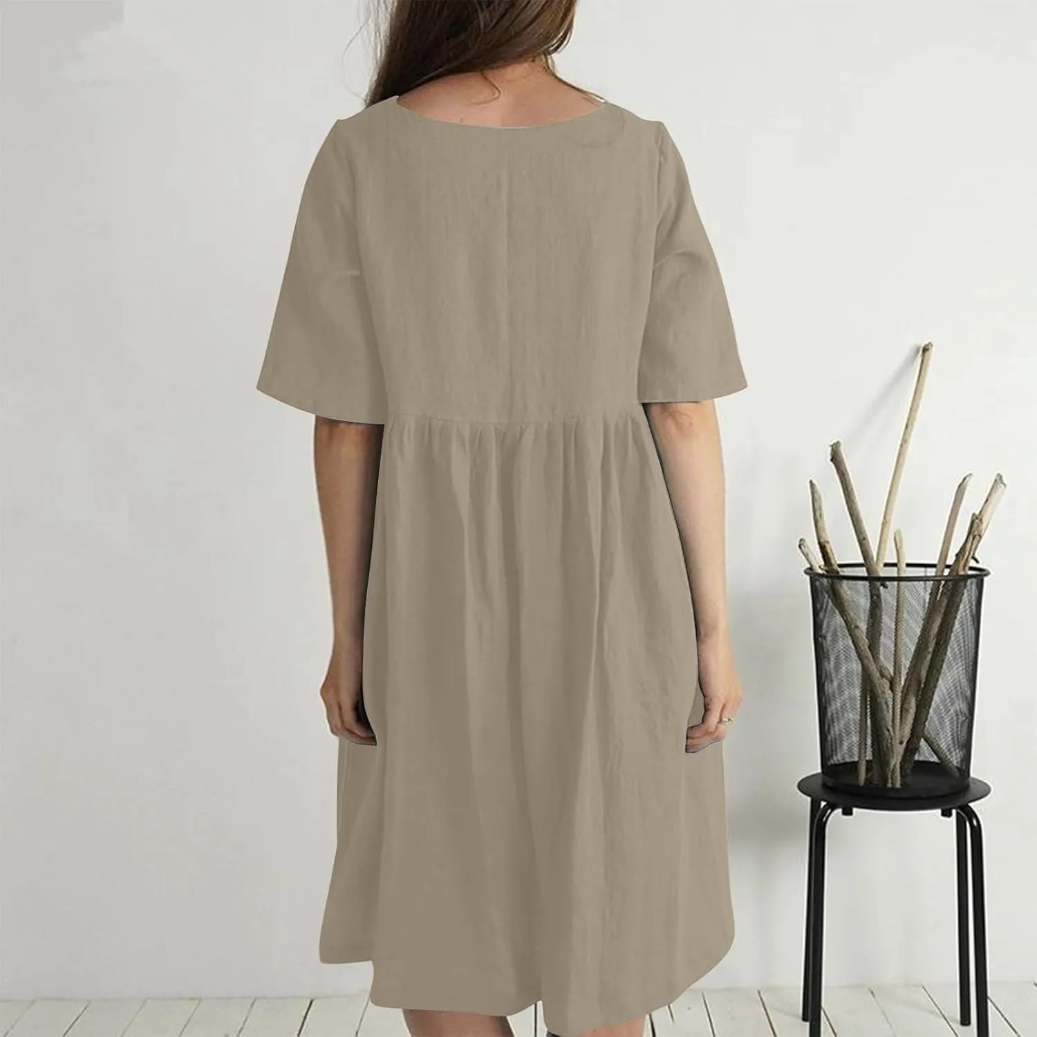 Womens Cotton Linen Midi Dress Short Sleeve Button Crewneck Dresses Summer Loose Pleated Dress Solid Travel Clothing