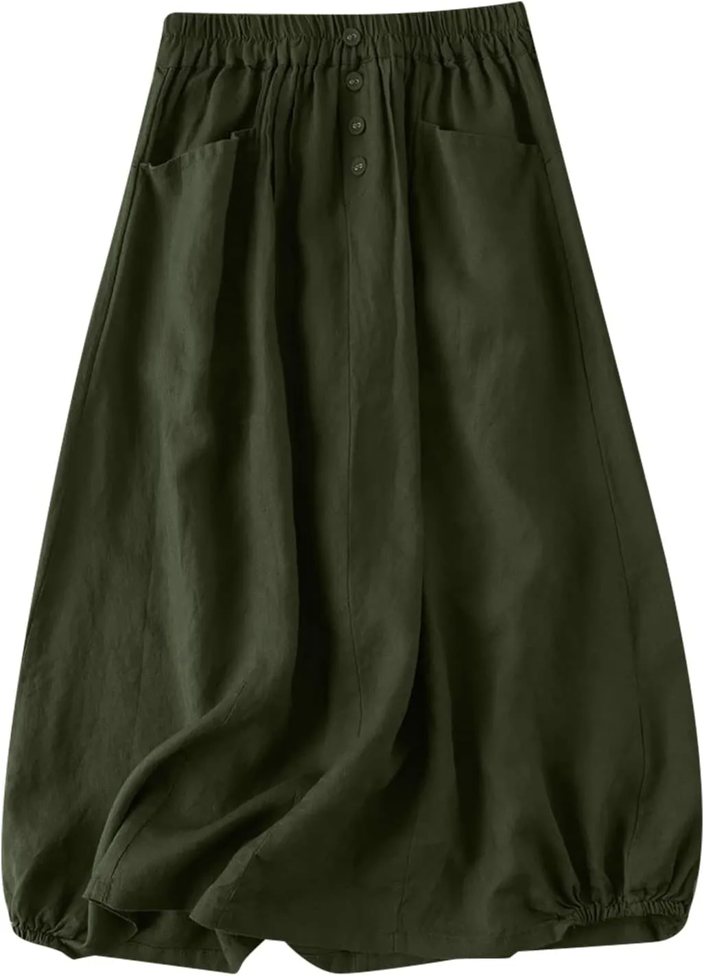 Women's Cotton Linen Skirts Elastic High Waist Button Pleated Midi Skirt with Pockets Casual Fashion Loose Fit Skirt