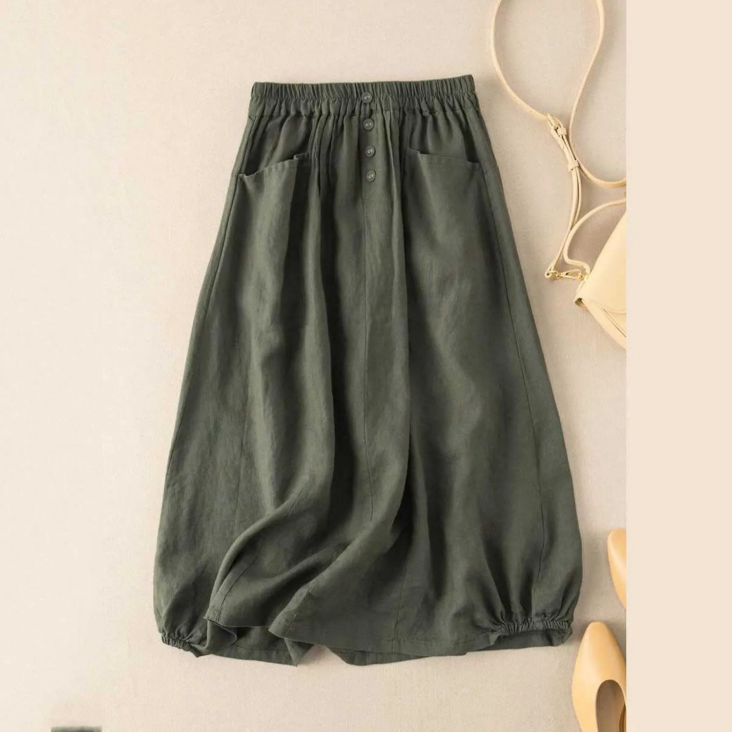 Women's Cotton Linen Skirts Elastic High Waist Button Pleated Midi Skirt with Pockets Casual Fashion Loose Fit Skirt