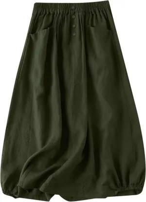 Women's Cotton Linen Skirts Elastic High Waist Button Pleated Midi Skirt with Pockets Casual Fashion Loose Fit Skirt