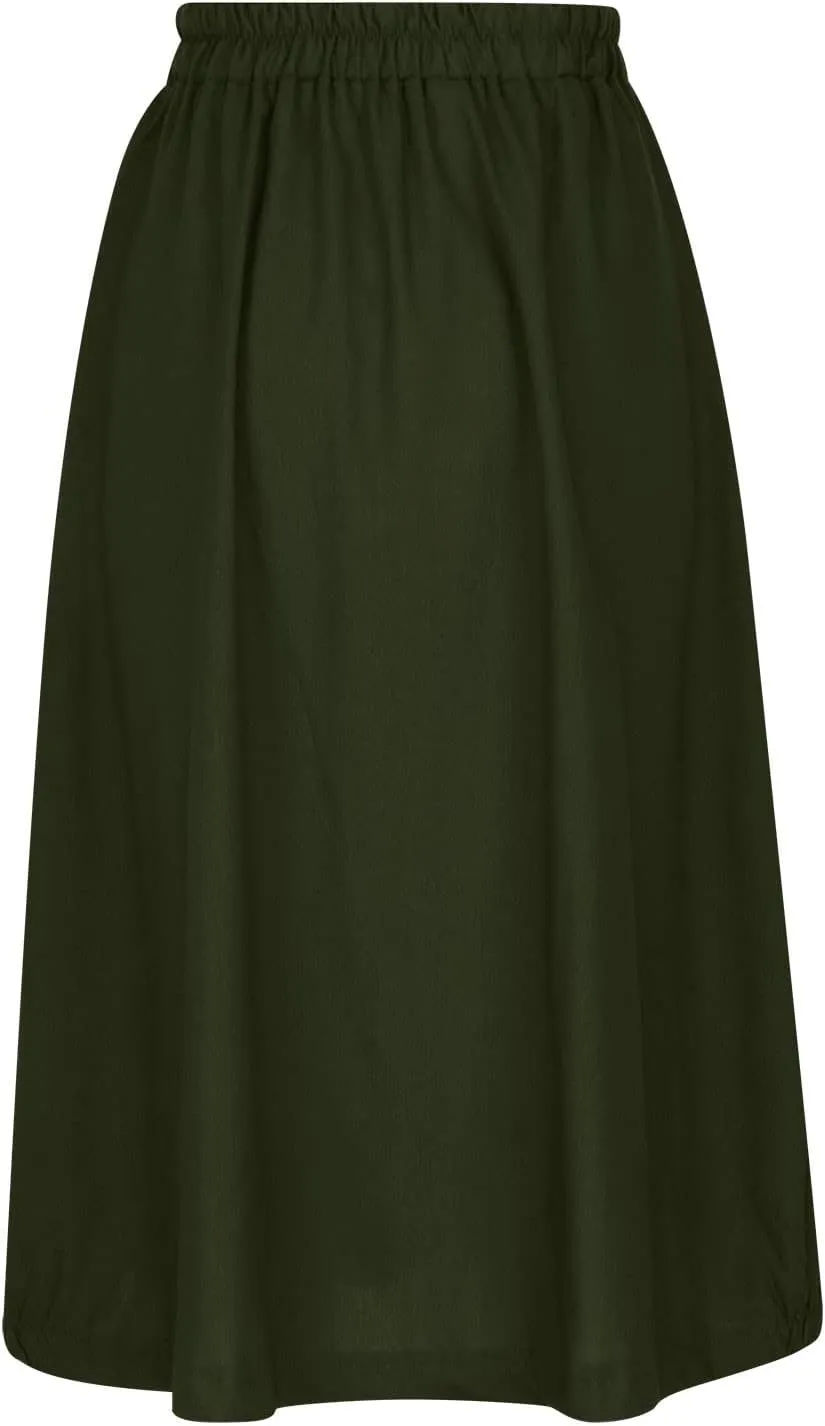 Women's Cotton Linen Skirts Elastic High Waist Button Pleated Midi Skirt with Pockets Casual Fashion Loose Fit Skirt