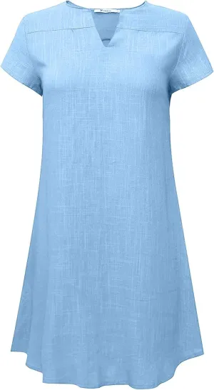 Womens Cotton Linen T Shirt Dress Summer Casual Short Sleeve V Neck Beach A-Line Dress Plus Size Flowy Mini Dresses