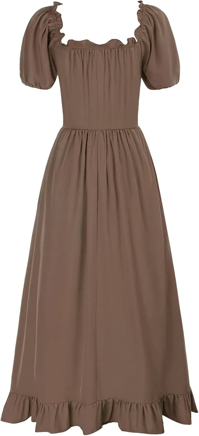 Women's Cute Puff Sleeve Dress Solid Floral Ruched Ruffle Hem Vintage Square Neck Dresses A-Line Elegant Midi Dress