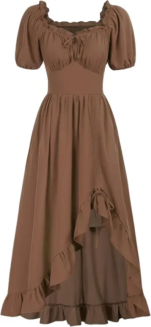 Women's Cute Puff Sleeve Dress Solid Floral Ruched Ruffle Hem Vintage Square Neck Dresses A-Line Elegant Midi Dress