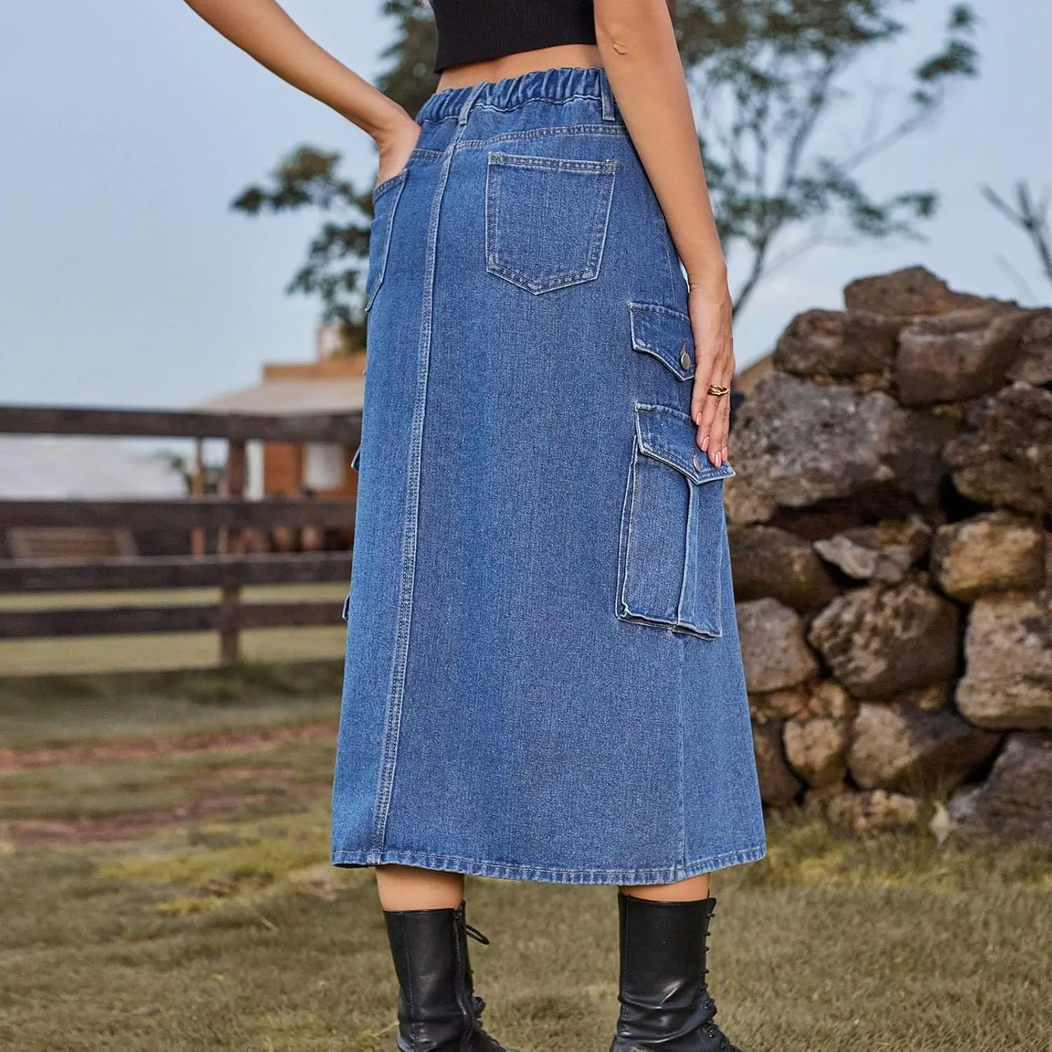 Womens Denim Midi Skirts Split Front Streetwear Teen Girls Summer Elastic Waisted Long Cargo Jean Skirt with 6 Pockets