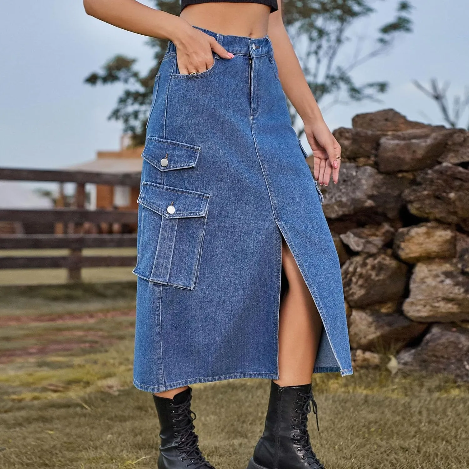 Womens Denim Midi Skirts Split Front Streetwear Teen Girls Summer Elastic Waisted Long Cargo Jean Skirt with 6 Pockets