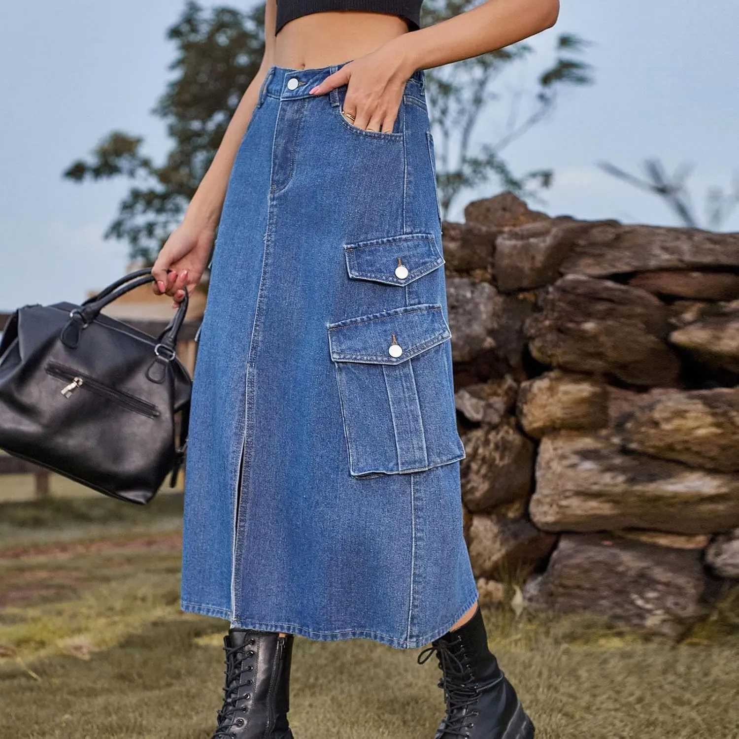Womens Denim Midi Skirts Split Front Streetwear Teen Girls Summer Elastic Waisted Long Cargo Jean Skirt with 6 Pockets