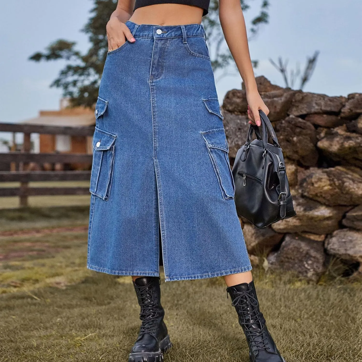 Womens Denim Midi Skirts Split Front Streetwear Teen Girls Summer Elastic Waisted Long Cargo Jean Skirt with 6 Pockets