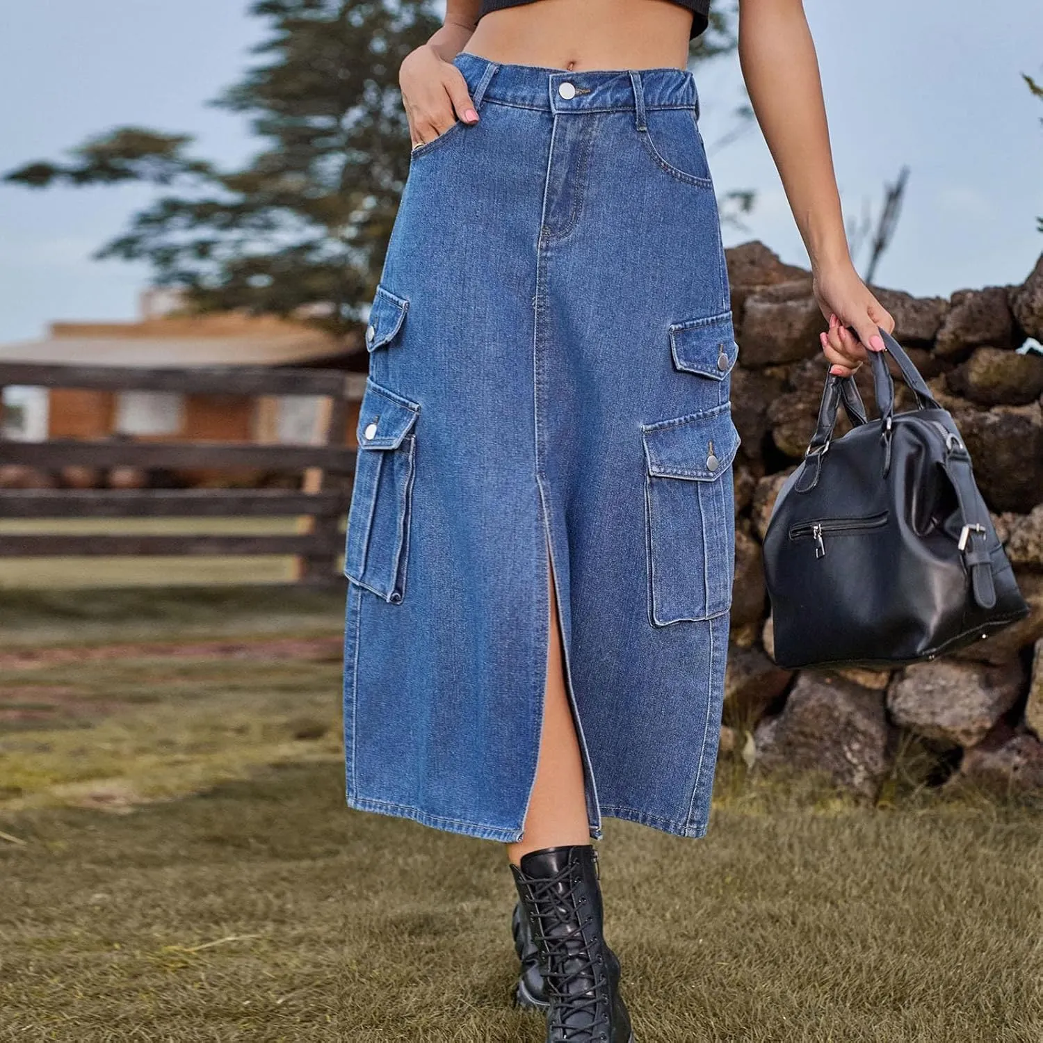 Womens Denim Midi Skirts Split Front Streetwear Teen Girls Summer Elastic Waisted Long Cargo Jean Skirt with 6 Pockets