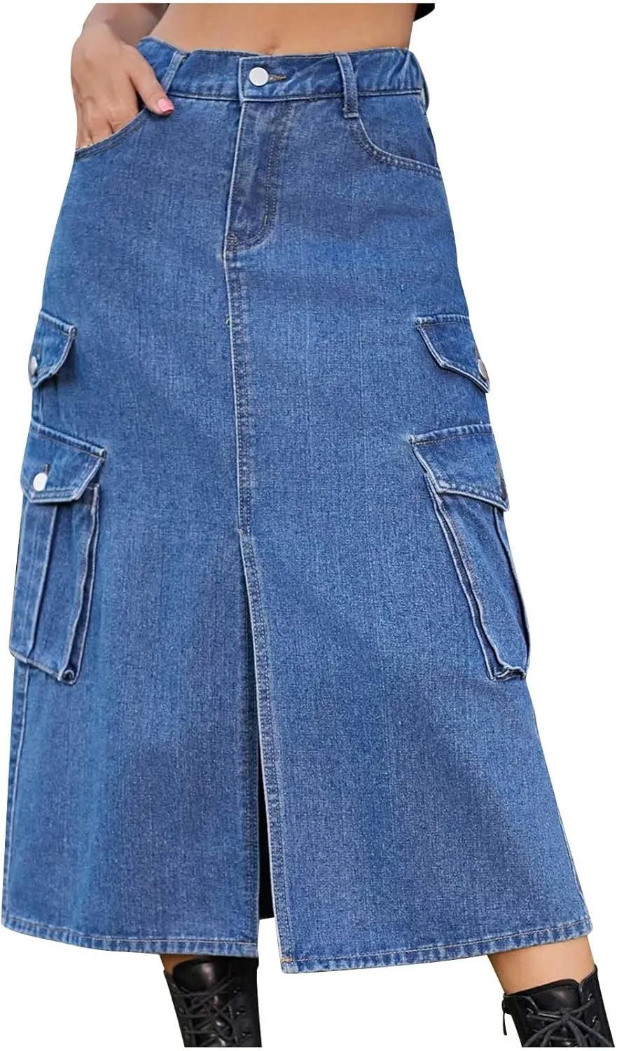 Womens Denim Midi Skirts Split Front Streetwear Teen Girls Summer Elastic Waisted Long Cargo Jean Skirt with 6 Pockets