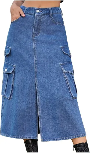 Womens Denim Midi Skirts Split Front Streetwear Teen Girls Summer Elastic Waisted Long Cargo Jean Skirt with 6 Pockets