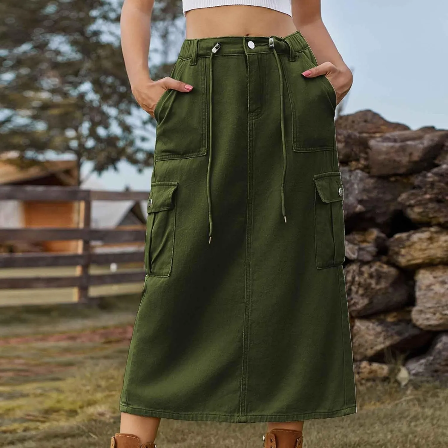 Womens Denim Skirts High Waisted Bodycon Casual Solid Color Maxi Skirt Button Zipper Work Skirts with Flap Pockets