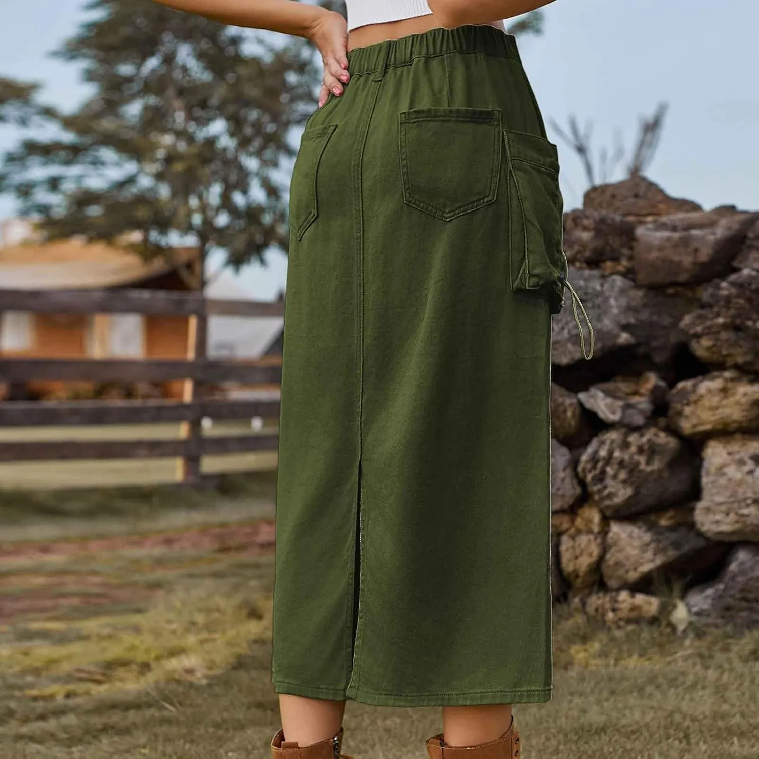 Womens Denim Skirts High Waisted Bodycon Casual Solid Color Maxi Skirt Button Zipper Work Skirts with Flap Pockets