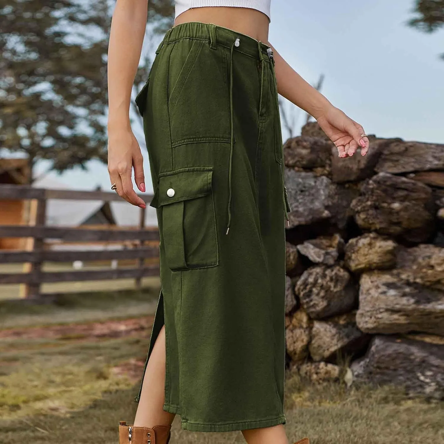 Womens Denim Skirts High Waisted Bodycon Casual Solid Color Maxi Skirt Button Zipper Work Skirts with Flap Pockets