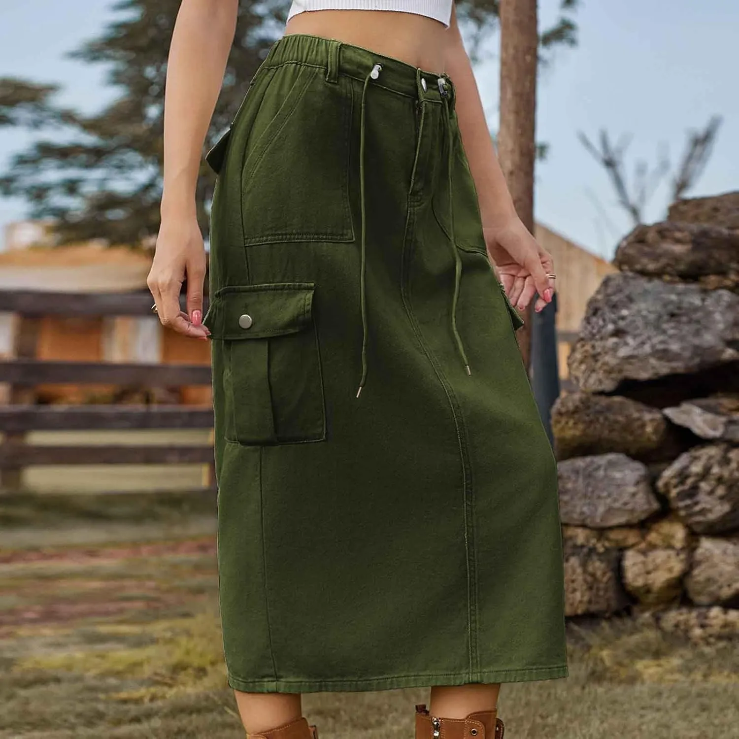 Womens Denim Skirts High Waisted Bodycon Casual Solid Color Maxi Skirt Button Zipper Work Skirts with Flap Pockets