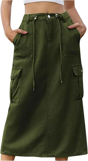 Womens Denim Skirts High Waisted Bodycon Casual Solid Color Maxi Skirt Button Zipper Work Skirts with Flap Pockets