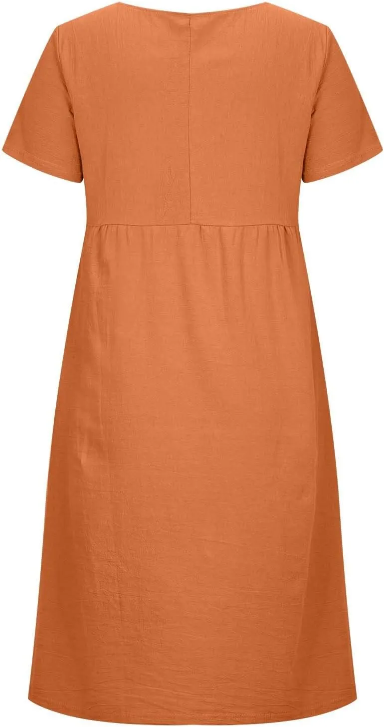 Womens Dresses 2025 Fashion Short Sleeve Solid Color Midi Dress Spring Round Neck Loose Linen Dress with Pockets