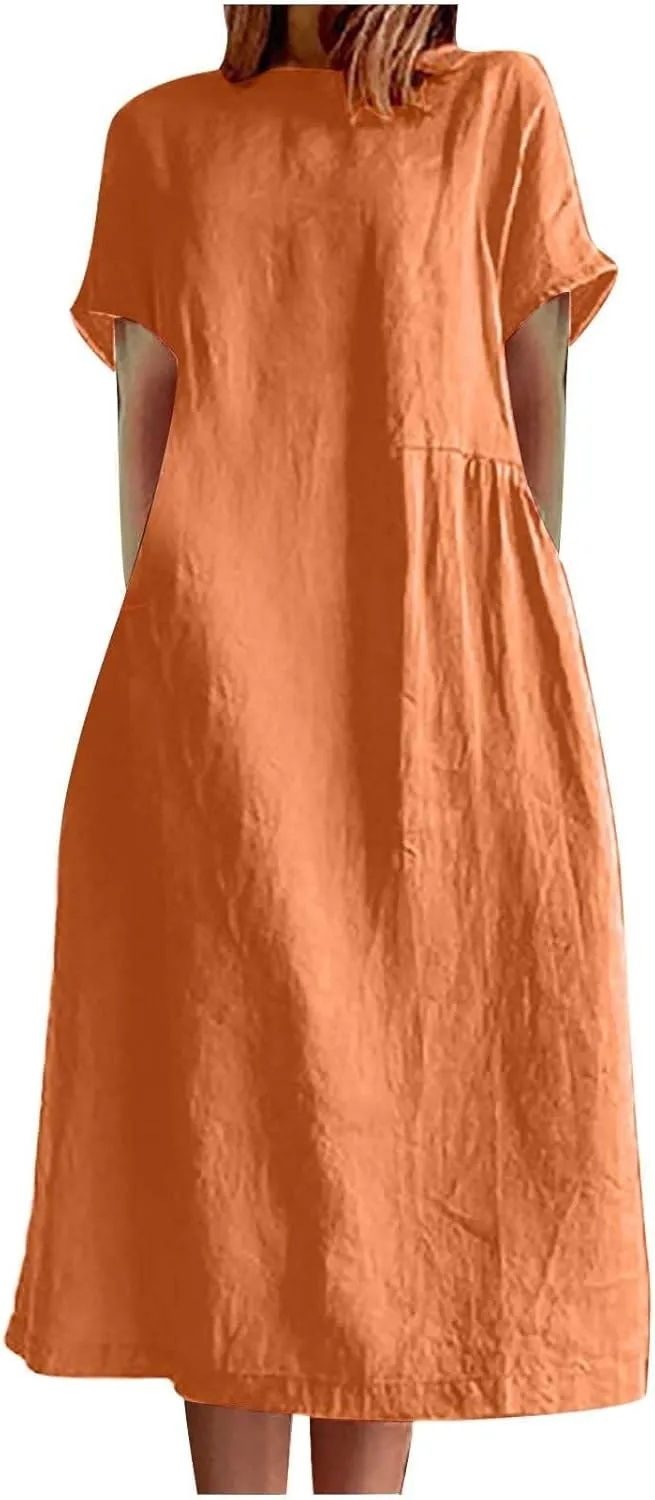 Womens Dresses 2025 Fashion Short Sleeve Solid Color Midi Dress Spring Round Neck Loose Linen Dress with Pockets
