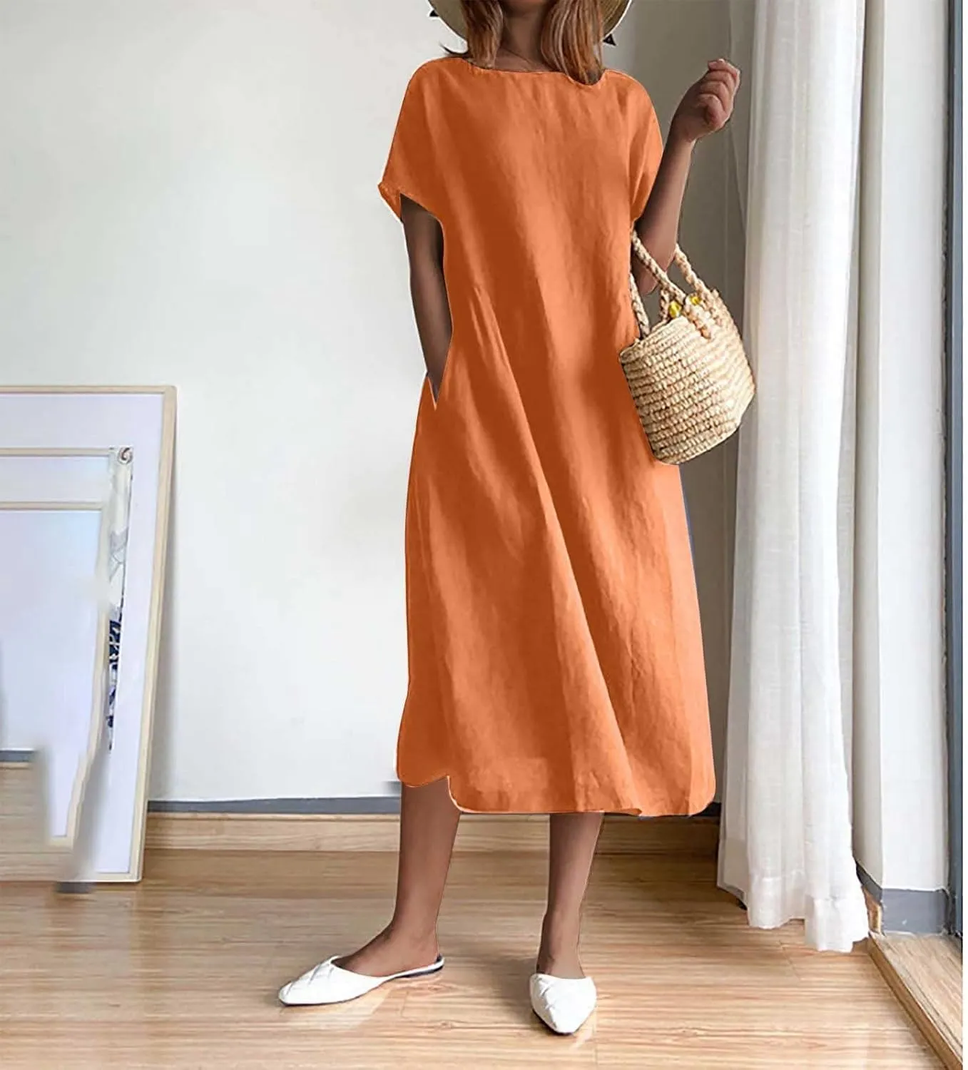 Womens Dresses 2025 Fashion Short Sleeve Solid Color Midi Dress Spring Round Neck Loose Linen Dress with Pockets