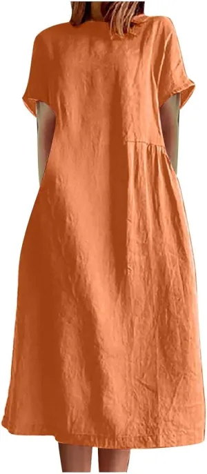 Womens Dresses 2025 Fashion Short Sleeve Solid Color Midi Dress Spring Round Neck Loose Linen Dress with Pockets