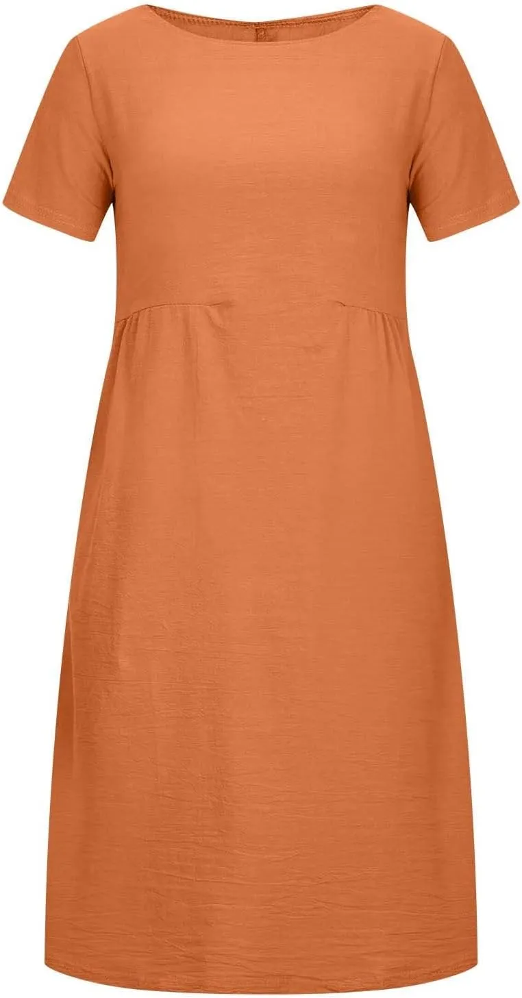 Womens Dresses 2025 Fashion Short Sleeve Solid Color Midi Dress Spring Round Neck Loose Linen Dress with Pockets